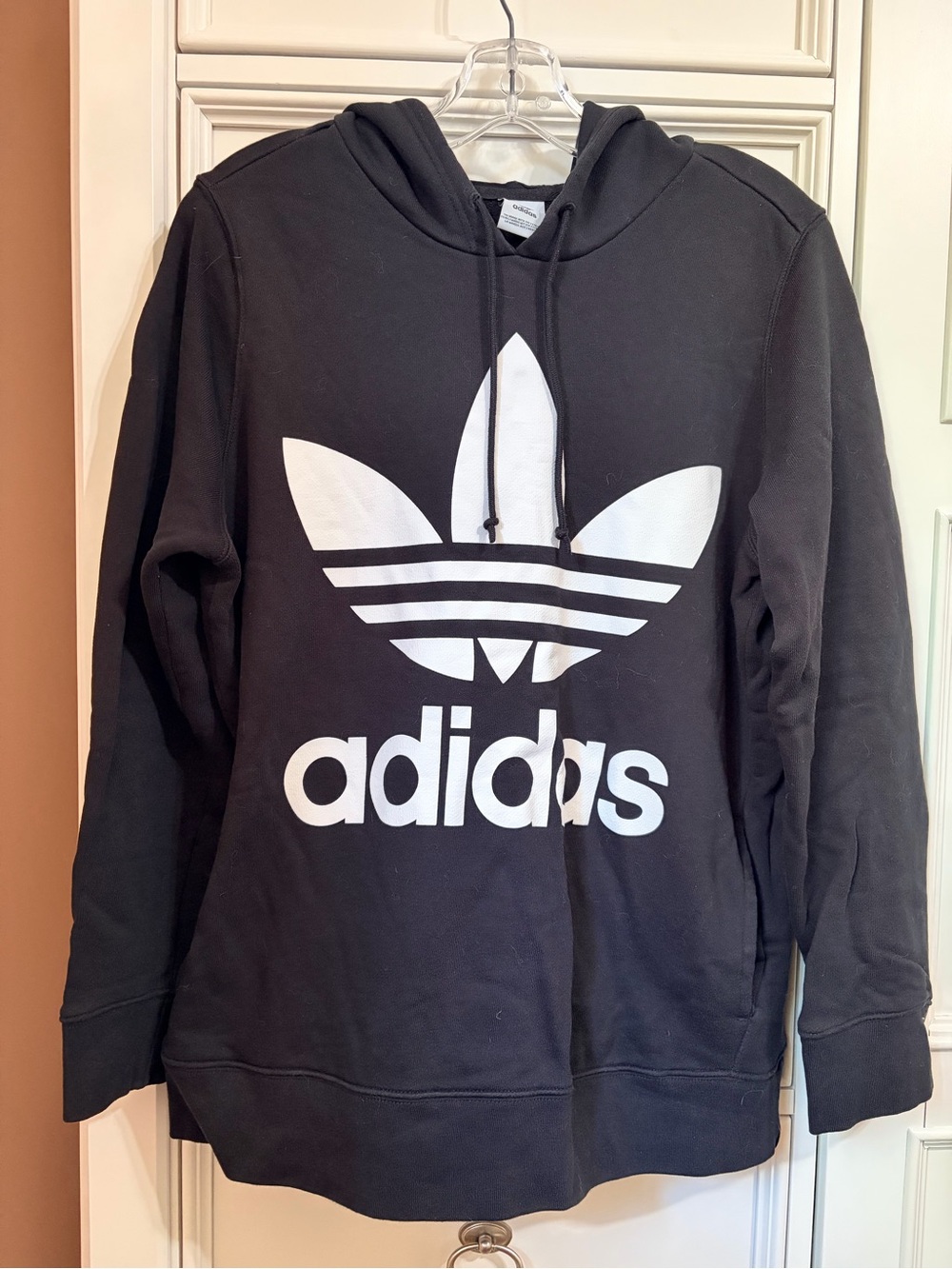 ADIDAS Classic Pullover Hoodie, black with white logo, French Terry, large